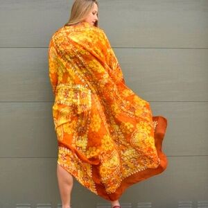 100% Silk Authentic Designer Mustard Kimono Luxury Resortwear Cover-up